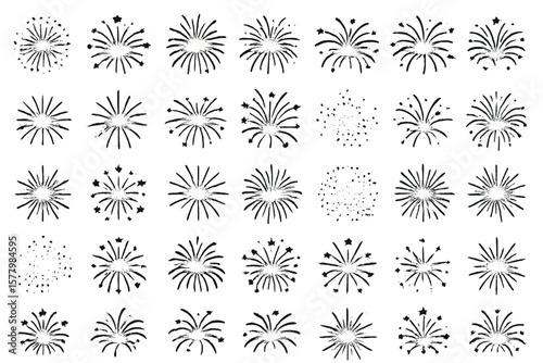 Set of hand-drawn firework explosions. Festive doodle clipart collection for celebration, New Year, 4th of July. Black and white sketch vector icons. Abstract burst symbols.