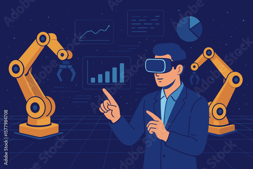 Futuristic manager engineer using VR virtual reality headset to analyze and control automation robotic arms, machine learning, real-time data, metaverse technology, digital industry
