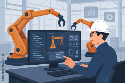 Industrial engineer programming automation robotic arms with real-time monitoring software, smart factory control, manufacturing technology, industry 4.0, digital transformation