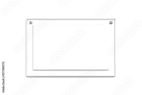 Blank poster in a realistic 3D glass or plastic frame. Empty photo frame template hanging on a wall. Banner plexiglass holder mock-up isolated on a transparent background.