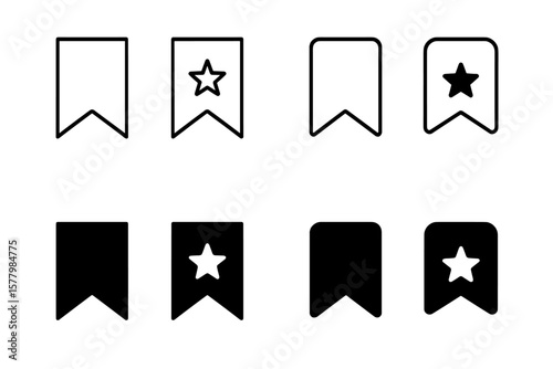 Bookmark icon set. Save symbol collection. Favorite sign for ui and ux design. Web tag label for website. Read marker pictogram. Outline and glyph style with star for content.