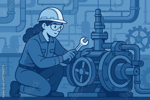 Female industrial maintenance engineer in hard hat repairing heavy machinery with wrench in factory, mechanical specialist, blue modern flat vector, industrial workplace concept