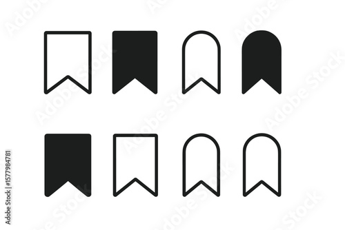 Bookmark icon set in outline and glyph styles. Vector collection of save signs and favorite symbols for web and app UI UX. Sharp and rounded corner shapes. Tag, label, marker.