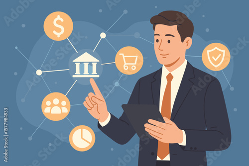 Businessman touching banking network data on tablet. Digital marketing, finance, online shopping & customer network. Financial technology, fintech, business management.