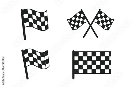 Checkered flag icon set for sport racing. Race flag sign for car and motorbike competition. Finish line symbol for winner. Chequered flag vector illustration collection.
