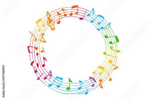Colorful music notes in circle frame. Abstract rainbow musical melody sound wave round border. Vector illustration for party, concert, festival, school, audio book design.