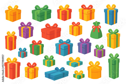 Gift box vector set. Colorful present collection for birthday, christmas, holiday. Wrapped package illustration with bow. Surprise party element. Flat cartoon design isolated.
