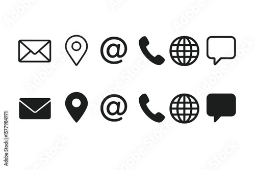 Web contact icon set. Line and solid style pictograms for business card or website. Communication symbols for address, location, email, phone, internet and message.