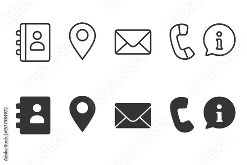 Contact us icon set in line and solid styles. Web icons for business communication. Address book, location pin, email envelope, phone call, and information symbol collection.