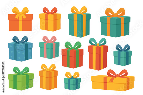 Colorful gift boxes set with ribbons and bows, festive holiday presents, decorative wrapped gifts, vector illustration with transparent background, perfect for holiday designs