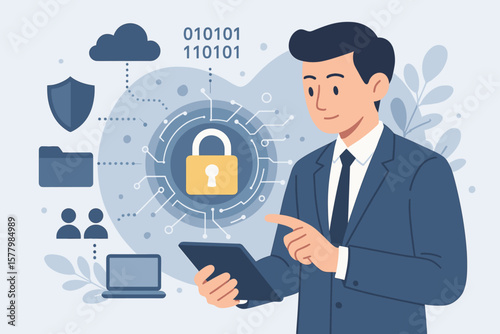 Cyber security data protection concept. Businessman protecting business information with encryption. Network security technology with padlock, shield and cloud computing vector.