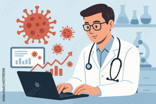 Doctor analyzing coronavirus statistics on laptop computer. Scientist in lab researching covid-19 data. Medical research concept with charts and graphs. Flat vector illustration.