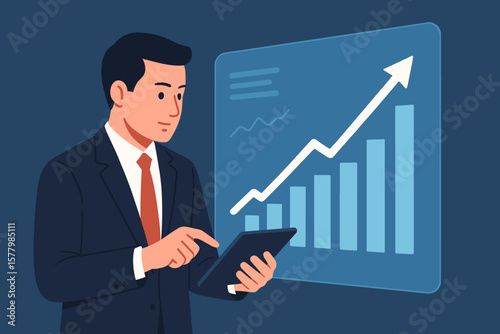 Businessman analyzing financial data on a tablet. Business growth chart with arrow up. Investment success, stock market analysis, and corporate strategy concept. Vector art.