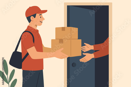 Delivery man courier sends parcel boxes to customer at the door. Home delivery service concept. Transportation and logistics for online shopping and e-commerce. Flat vector.