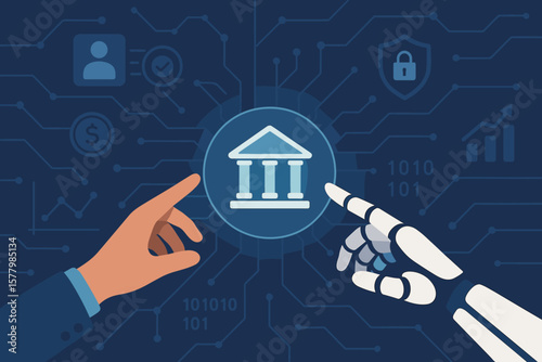 FinTech financial technology concept. AI robot and human hands touch virtual bank icon. Online banking, digital money, secure transaction, data network, future of finance.
