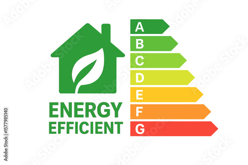 Energy efficient icon with multicolor classification graph, energy consumption rating, eco certification, sustainable living, green home, energy saving, renewable energy