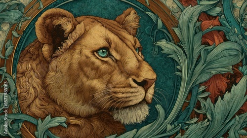 Lioness portrait, ornate frame (1)