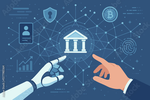 FinTech concept with AI robot and human hands. Digital banking, online payment, and cryptocurrency network. Financial technology, investment, and security vector illustration.
