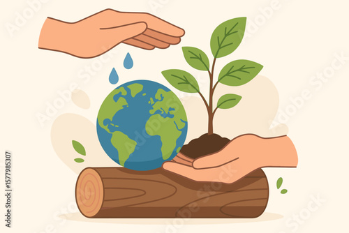 Hand watering and protecting young tree globe resting on wooden timber, environmental care, nature conservation, eco-friendly growth concept, flat vector cartoon illustration
