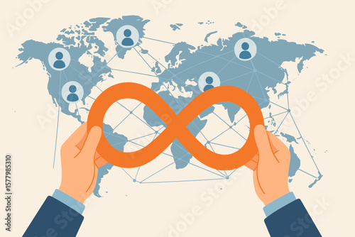 Hands hold infinity symbol over world map with customer network. Concept of global connection, unlimited business, worldwide communication, social media, and globalization.