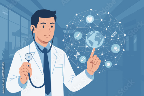 Futuristic medical network concept with doctor holding stethoscope touching global healthcare connection, modern hospital background, digital medicine technology innovation
