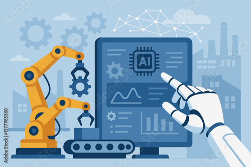 Industry 4.0 automation, artificial intelligence, smart factory, robotic arm, robot hand, digital manufacturing, industrial revolution, AI system, data monitoring, technology