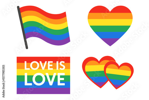 LGBTQ Pride Rainbow Backgrounds Set with Marriage Symbols, Pride Flags, Gay Pride Stripes, Colorful Hearts, Transparent PNG and Vector Illustration