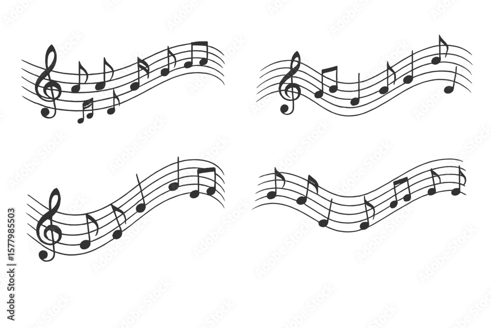 Flowing Musical Notes Wave Collection, Curved Sheet Music Staff, Abstract Melody Lines, Black Treble Clef, Decorative Music Symbols, Vector Illustration, Transparent Background