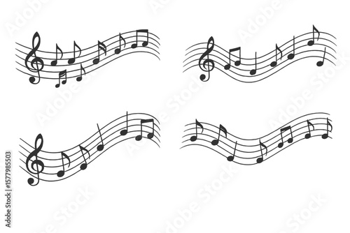 Flowing Musical Notes Wave Collection, Curved Sheet Music Staff, Abstract Melody Lines, Black Treble Clef, Decorative Music Symbols, Vector Illustration, Transparent Background