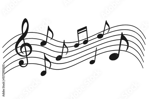 Flowing Musical Notes Staff Wave. Dynamic Music Notation Vector Illustration. Curved Staff with Treble Clef and Assorted Notes. Black and White Sheet Music Art for Design, Education, Decor
