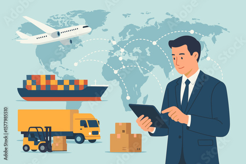 Transport and logistic concept. Freight shipping online. Businessman using tablet for global logistic network distribution. World map. Supply chain management. Cargo delivery.