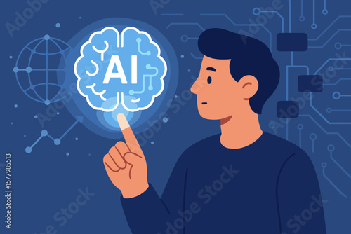 Artificial Intelligence Concept, Human Touching Digital Brain, Machine Learning, Networking, Global Technology, Data Connection, Modern Flat Vector Illustration