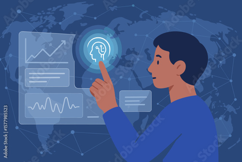 Man touches future digital interface. Artificial intelligence, machine learning, and data science concept. Global networking and technology innovation. Virtual screen with charts.
