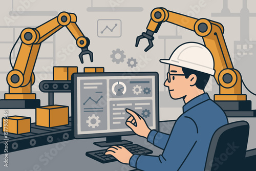 Industrial engineer operating automation software, monitoring robotic arms, smart factory control, real-time production management, manufacturing technology, industry 4.0 concept
