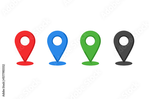 3D Map Pin Marker Set – Red, Blue, Green, Black Location Pointer Icons, GPS Navigation Symbols, Transparent Background, Geolocation, Vector Illustration for Maps and Apps