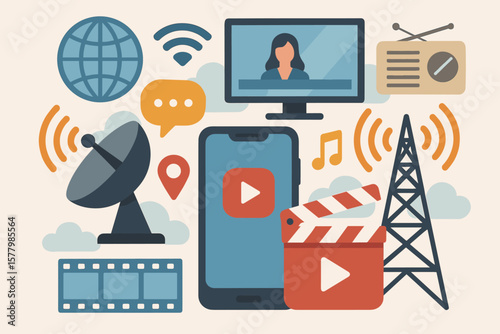 Modern flat vector cartoon illustration of media and communication icons: satellite dish, smartphone with play button, film clapperboard, broadcast tower, globe, chat bubble, music note, TV, radio