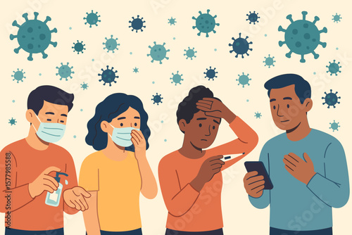 Virus Pandemic Awareness, People Practicing Healthcare Precautions, Hand Sanitizer, Fever Check, Social Distancing, Modern Flat Vector Cartoon, COVID-19 Prevention, Virus Spread