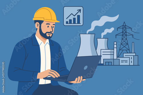 Industrial Engineer with Hard Hat Using Laptop for Data Analysis in Power Plant, Growth Chart, Nuclear Energy, Electricity Production, Modern Flat Vector Illustration
