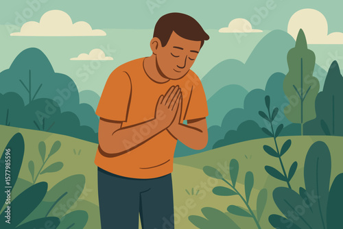 Man Bowing in Respectful Greeting with Namaste Gesture in Nature Landscape, Modern Flat Vector Illustration, Peaceful Outdoor Scene, Mindfulness, Spirituality, Respect, No Text