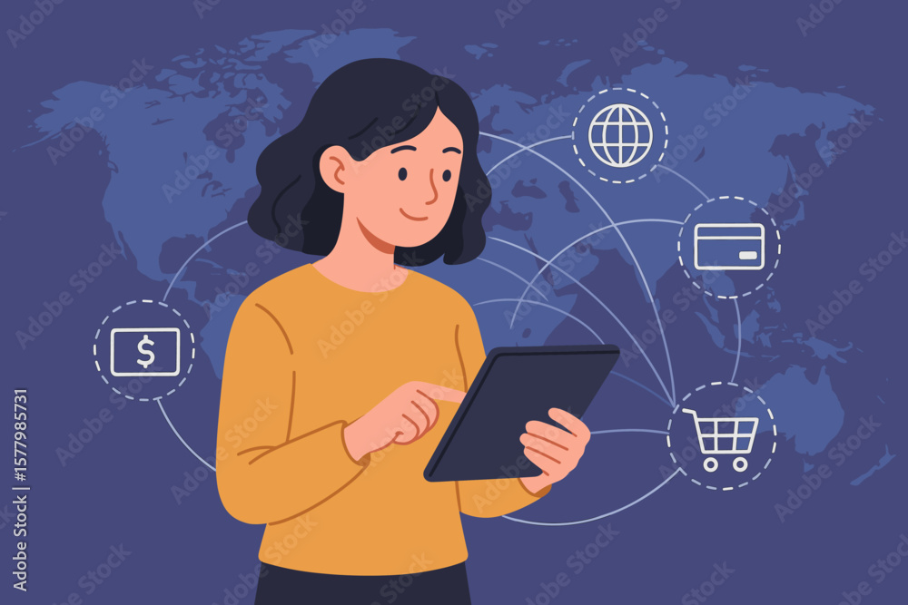 Woman with tablet doing online shopping. Concept of e-commerce, internet banking, digital payment, and global data exchange. Modern lifestyle with innovative technology.