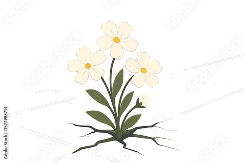 Resilient White Flowers Growing Through Cracked Urban Pavement, Hope and Strength Concept, Modern Flat Vector Illustration, Blank Space for Text, Soft Minimalist Design