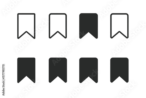 Bookmark icon set with outline and solid glyph styles. Web and app UI UX symbols for save or favorite. Minimal vector graphic collection of sharp and rounded corner tags label.
