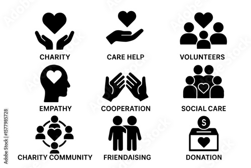 Charity icons set. Donation and fundraising pictogram collection. Volunteer, community, care, help, support, empathy, cooperation and social work minimal vector symbols.