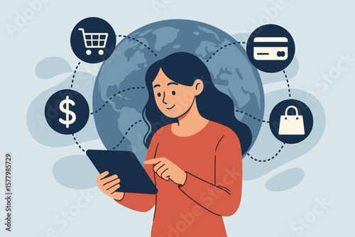 Woman with tablet shopping online. E-commerce and global payment system concept. Digital banking and financial technology. Modern lifestyle with internet and mobile devices.