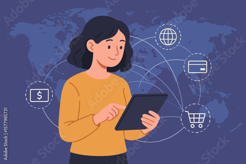 Woman with tablet doing online shopping. Concept of e-commerce, internet banking, digital payment, and global data exchange. Modern lifestyle with innovative technology.