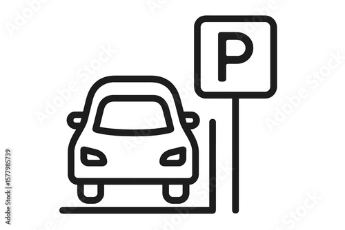 Car parking icon symbol. Road sign for a vehicle park area or lot. Automotive transport pictogram. Line art graphic design element for web or app. Vector illustration isolated.