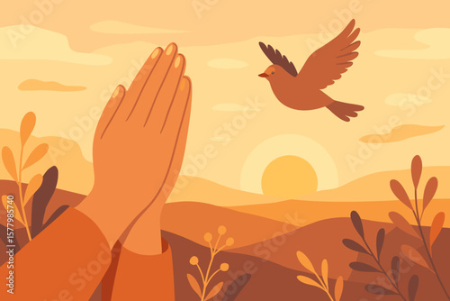 Praying Hands and Flying Bird at Sunrise, Hope and Faith, Spiritual Freedom, Mindfulness, Nature Landscape, Inner Peace, Inspirational Flat Vector Illustration