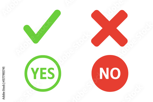 Check mark and cross sign vector icon set. Green tick and red X symbols. Correct and incorrect choice icons. Yes, no, approve, and reject buttons for voting or surveys.