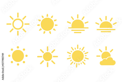 Sun Icon Set Collection – Solar Energy, Sunshine, Sunrise, Sunset, Weather Symbols, Summer, Sunlight, Flat Yellow Vector Isolated Transparent PNG Illustration