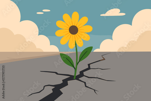 Resilient Yellow Flower Blooming Through Cracked Asphalt Road, Symbol of Hope, Perseverance, Urban Nature, Modern Flat Vector Illustration, No Text, Optimistic Concept Art